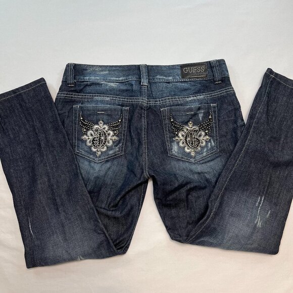 Guess Jeans Women Size 32 Daredevil Skinny Leg Dark Blue Wash Embellished - Picture 1 of 16